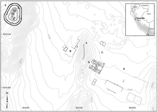 Mapa de Chankillo donde se observan: (A) trece torres; (B) observatorio oeste; (C) observatorio este; (d) Centro administrativo; (e) Plaza; (F) Fortaleza. Coordenadas expresadas en el sistema utm, zona 17l, datum World Geodetic system 1984.